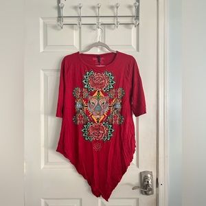 Ay Güey red long sleeve shirt with tiger and flower designs size 2XL